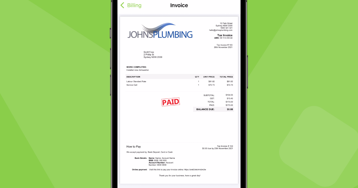 ServiceM8 tax invoice PDF generated from the mobile app, branded for an example plumbing business and marked paid.