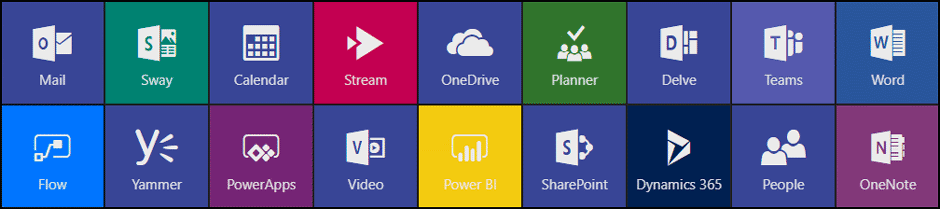 Office 365 Applications - Mail, Sway, Calendar, Stream, OneDrive, Planner, Delve, Teams, PowerBI, Yammer, PowerApps, Flow, Sharepoint and more.
